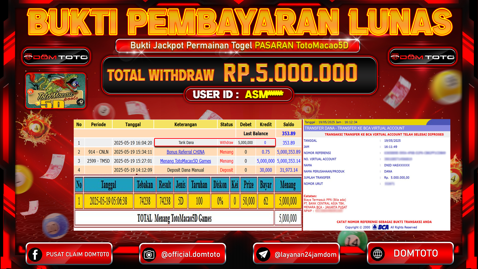 JACKPOT TOGEL PASARAN TOTOMACAU 5D 19 MEI 2025